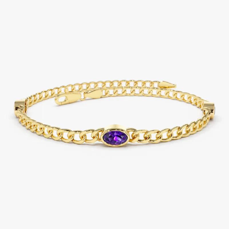 14k Cuban Link Bracelet w/ Bezel Setting Amethyst