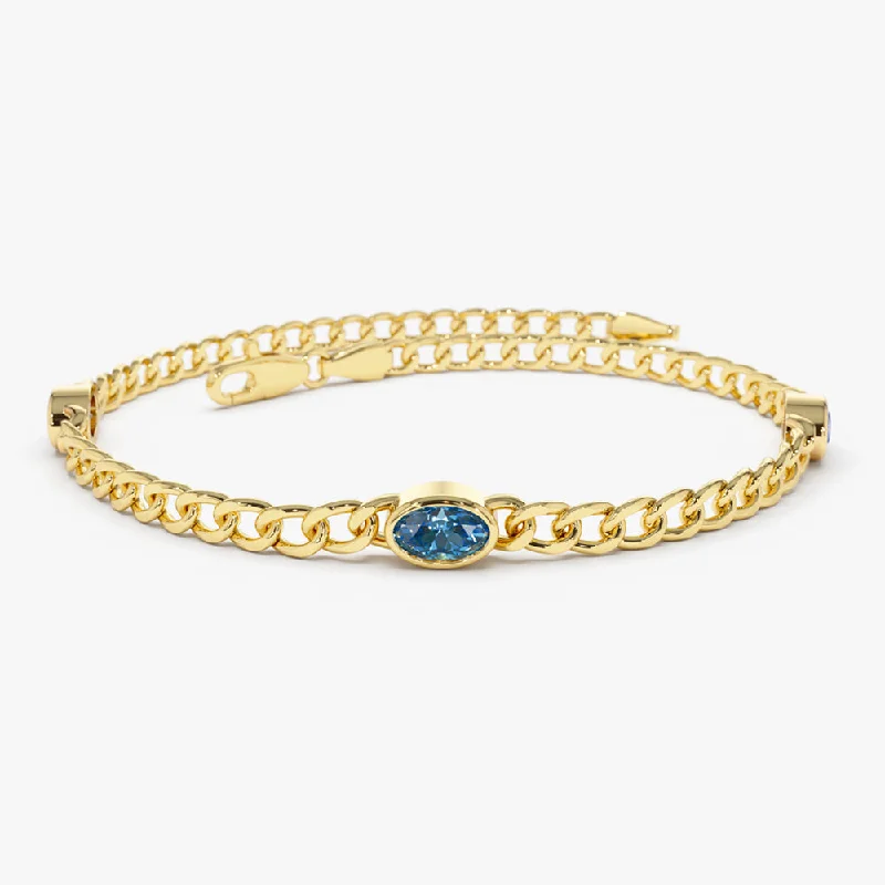 14k Cuban Link Bracelet w/ Bezel Setting London Blue Topaz