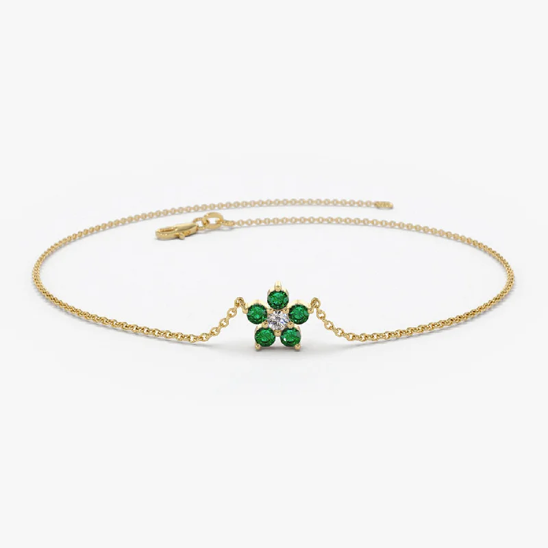 14K Emerald and Diamond Flower Charm Bracelet