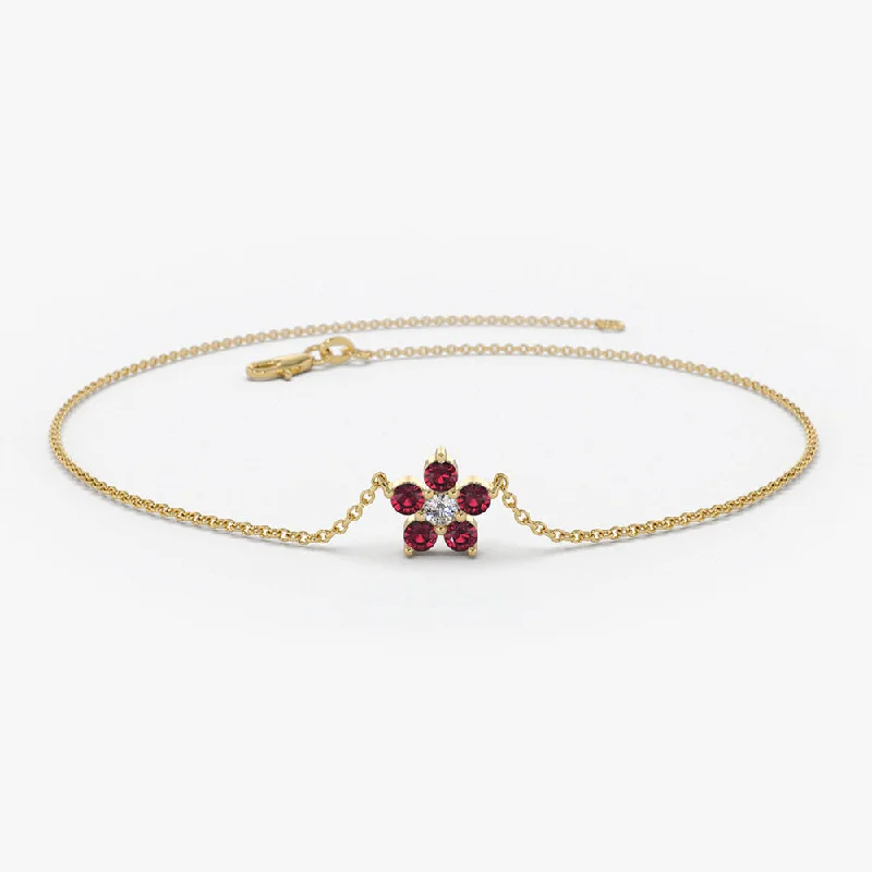 14K Ruby and Diamond Flower Charm Bracelet