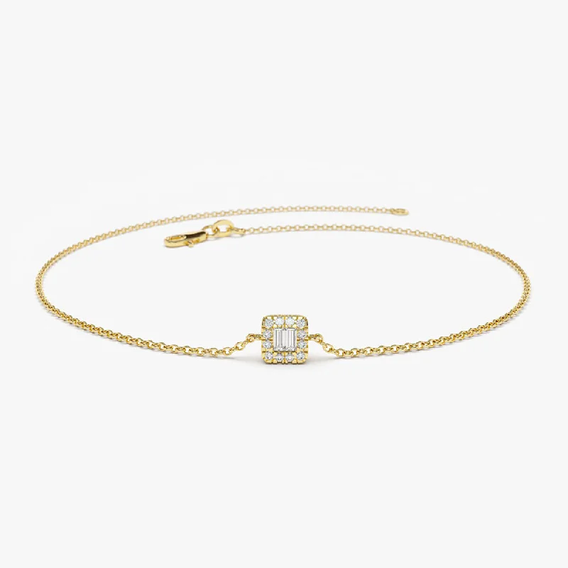 14K Gold Tiny Baguette and Round Diamond Station Bracelet