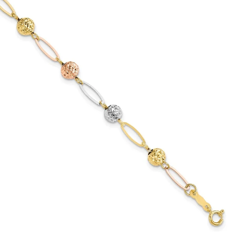 14k Tri-Color Diamond-Cut Beads Link Bracelet, 7" (W-2mm)