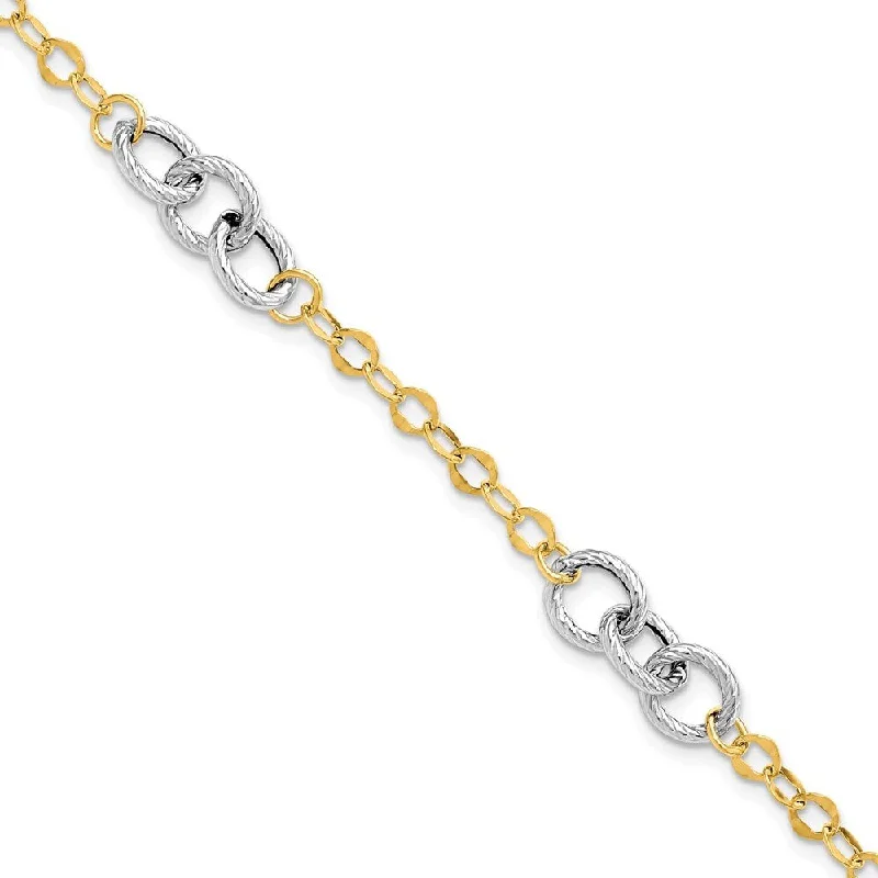 14k Two-tone 7mm Polished and Textured Fancy Link Bracelet, 7.5"