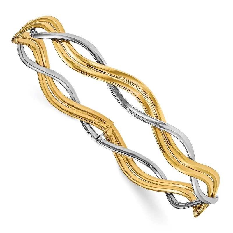 14k Two-tone 7mm Polished Braided Slip-on Bangle Bracelet, "