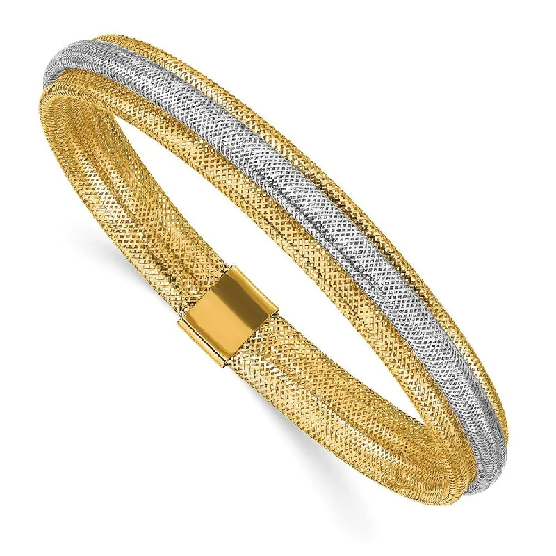 14k Two-tone 8mm Polished/Textured Stretch Bracelet, "