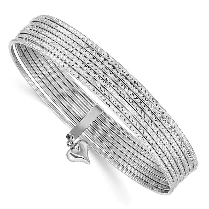 14k White Gold 11mm Oversized w/ Dangle Heart Textured Set of 7 Slip-on Bangle Bracelet