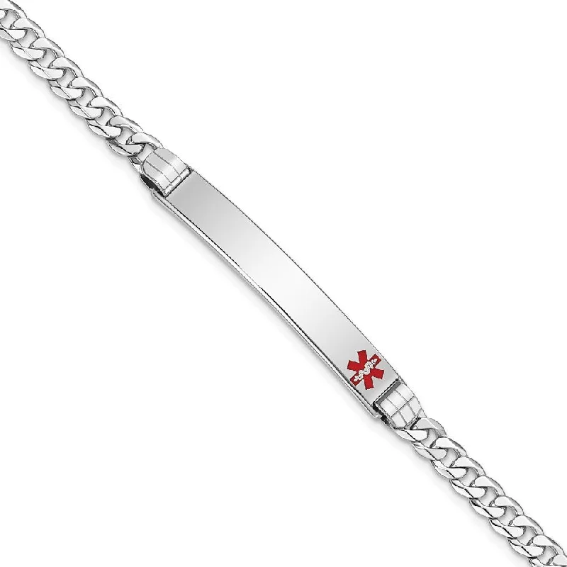 14k White Gold 6.5mm Medical Red Enamel Flat Curb Link ID Bracelet, 7"