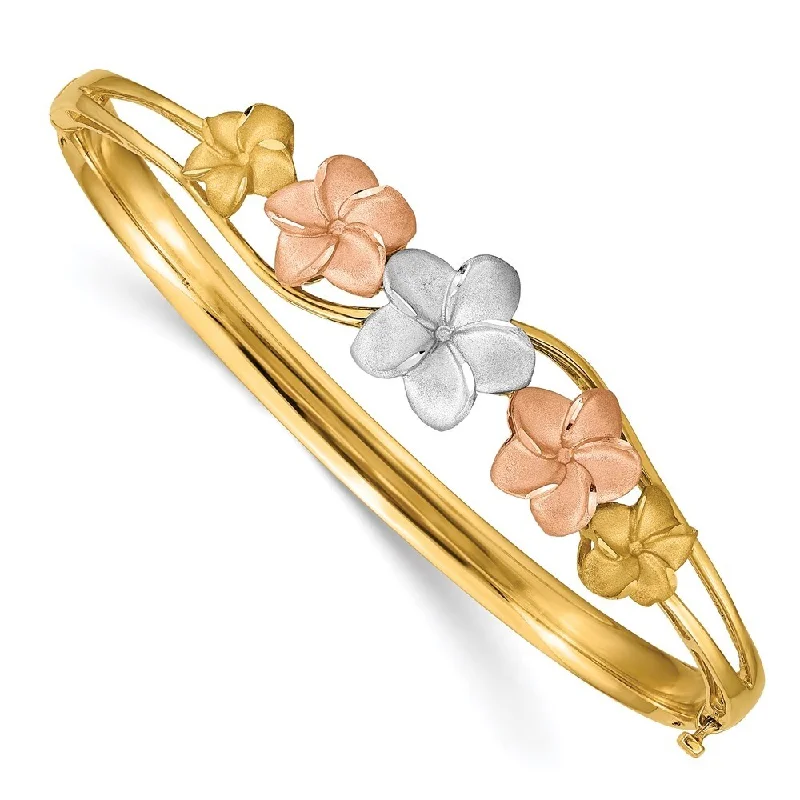 14k Yellow Gold 3.5mm Tri-color Plumeria Hinged Bangle Bracelet, 6.75"