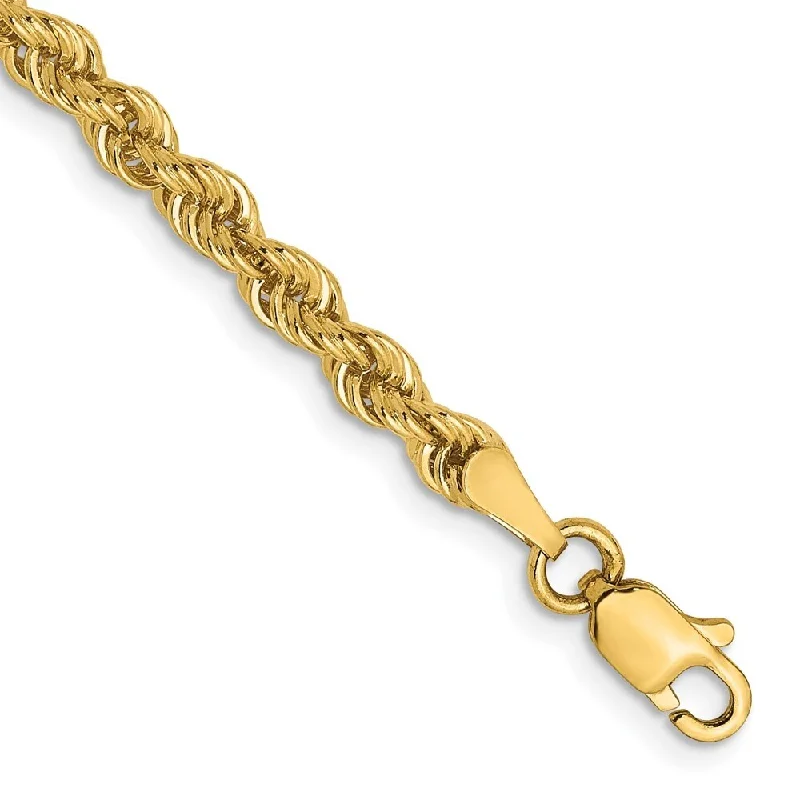 14k Yellow Gold 3mm Solid Regular Rope Chain Bracelet, 7"