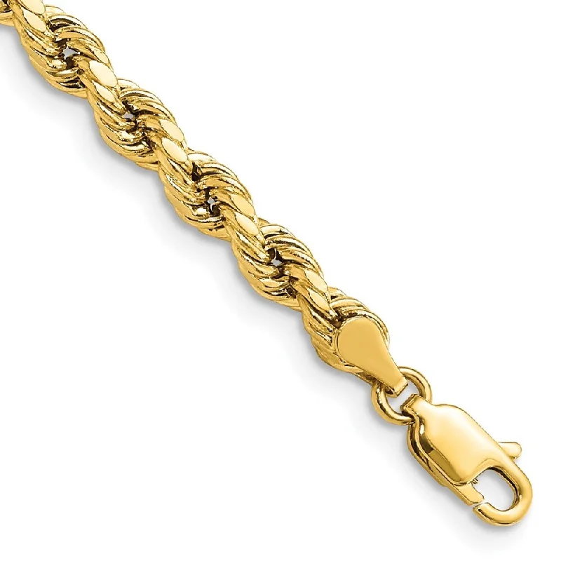 14k Yellow Gold 4mm Semi-solid Diamond-Cut Rope Chain Bracelet, 7"