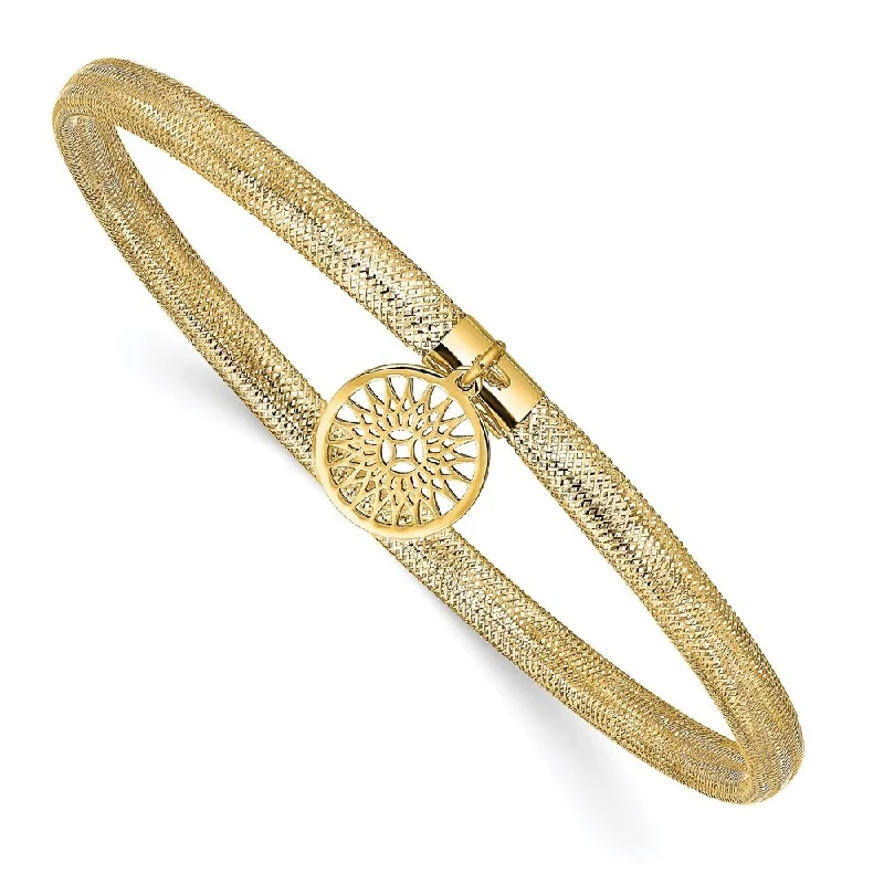 14k Yellow Gold 4mm Sun Charm Stretch Bangle Bracelet, 7"