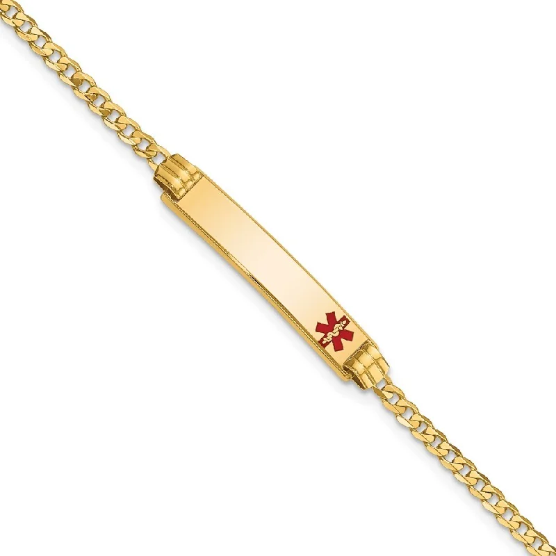 14k Yellow Gold 5.5mm Medical Red Enamel Curb Link ID Bracelet, 7"