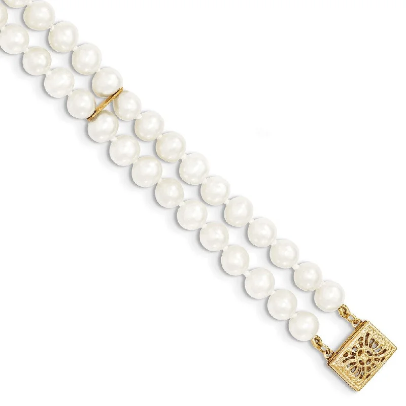 14k Yellow Gold 5-6mm White Near Round Freshwater Cultured Pearl 2-strand Bracelet, 7.5"