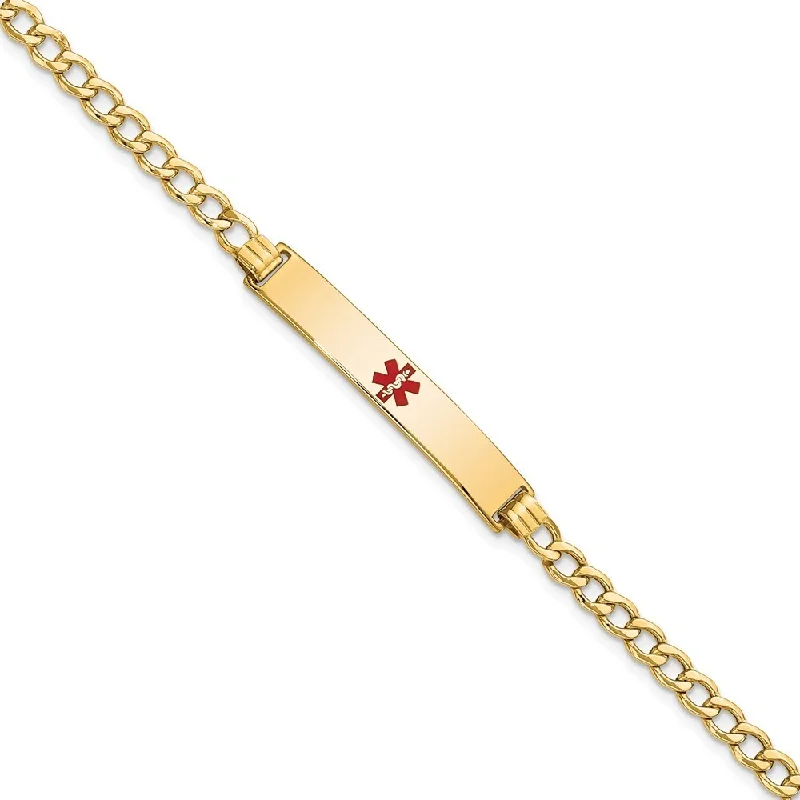 14k Yellow Gold 6.5mm Semi-Solid Medical Polished Red Enamel Curb ID Bracelet, 7"