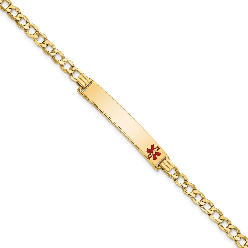 14k Yellow Gold 6.5mm Semi-solid Medical Red Enamel Curb Link ID Bracelet, 7"