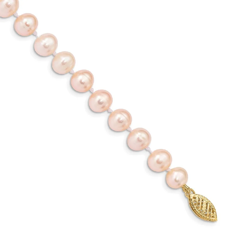 14k Yellow Gold 6-7mm Pink Near Round Freshwater Cultured Pearl Bracelet, 7.5"