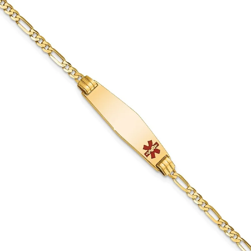 14k Yellow Gold 7.5mm Medical Soft Diamond Shape Red Enamel Figaro ID Bracelet, 7"