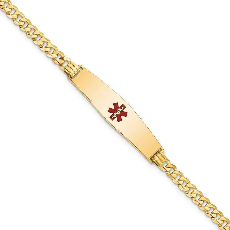 14k Yellow Gold 8.5mm Medical Soft Diamond Shape Red Enamel Flat Curb Link ID Bracelet, 7"