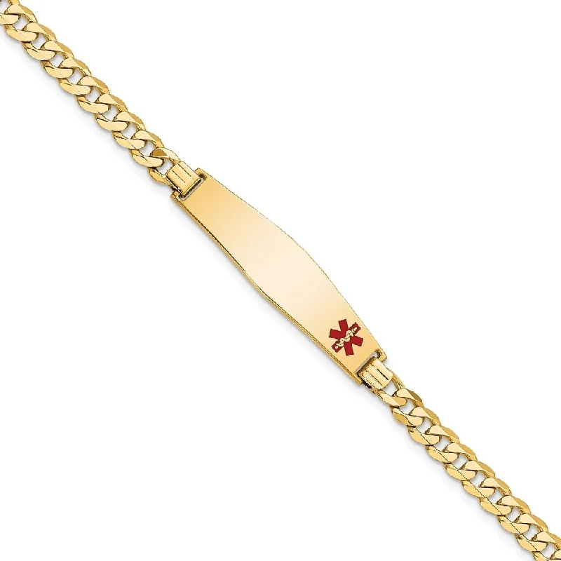 14k Yellow Gold 8.5mm Medical Soft Diamond Shape Red Enamel Flat Curb Link ID Bracelet, 7"