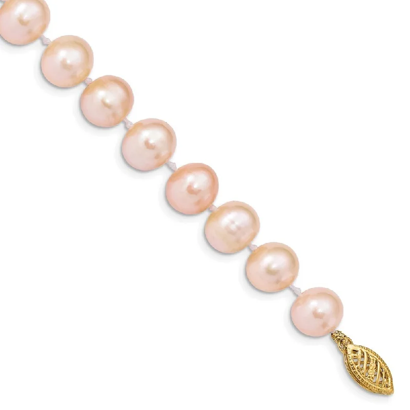 14k Yellow Gold 8-9mm Pink Near Round Freshwater Cultured Pearl Bracelet, 7.5"