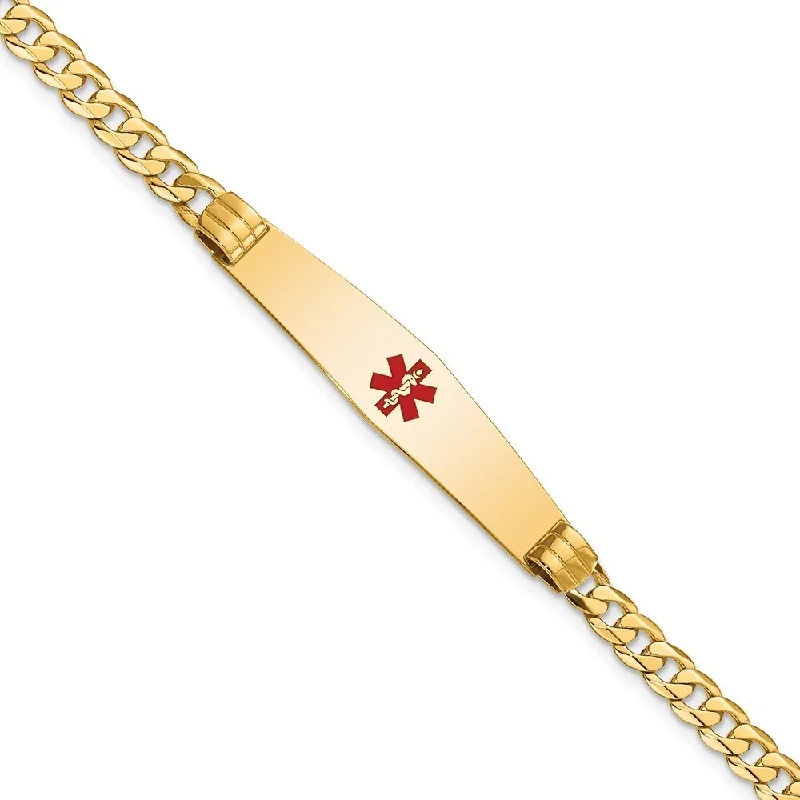 14k Yellow Gold 9mm Medical Soft Diamond Shape Red Enamel Curb Link ID Bracelet, 7"