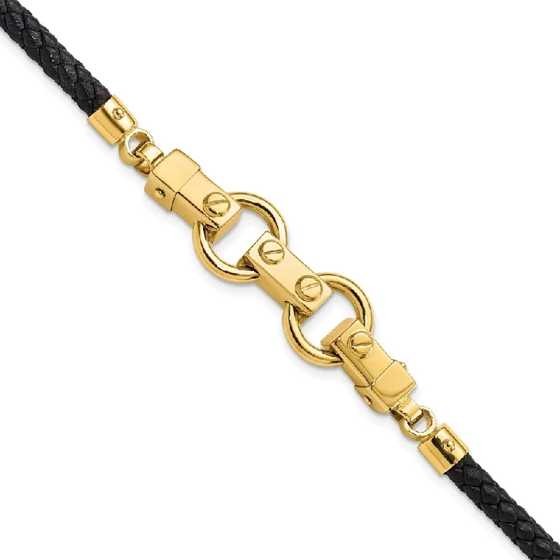 14k Yellow Gold Polished Fancy Link Yellow Gold Leather Bracelet, 8"