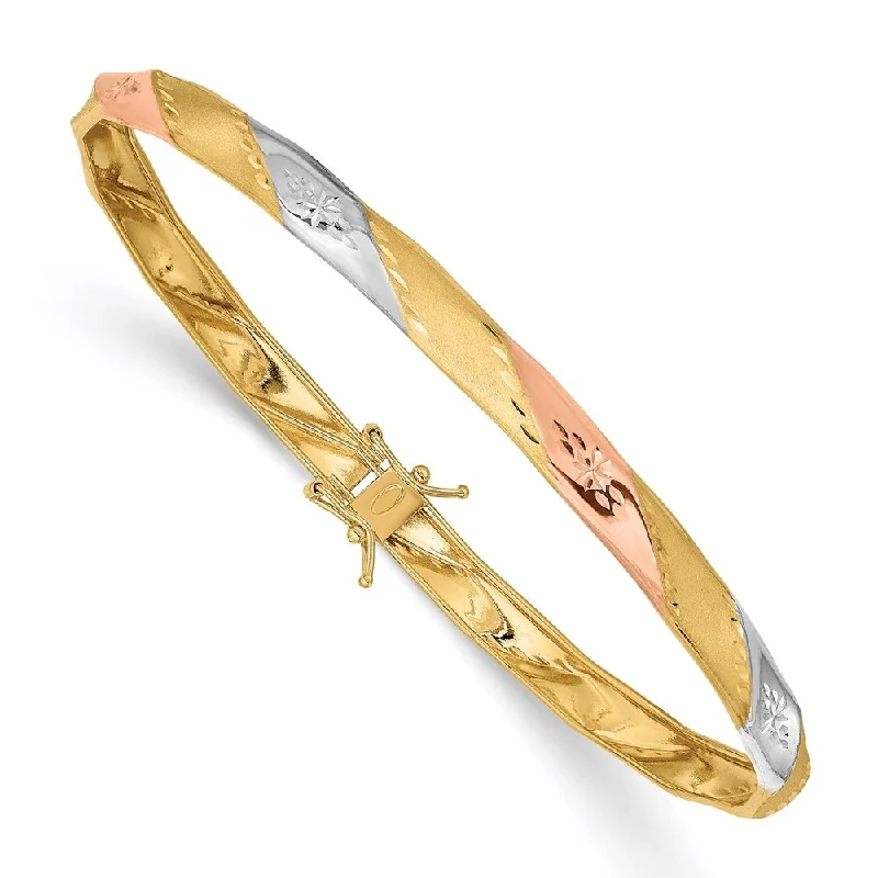 14k Yellow Gold w/White and Rose Rhodium 4.75mm Satin Diamond-Cut Flex Bangle Bracelet