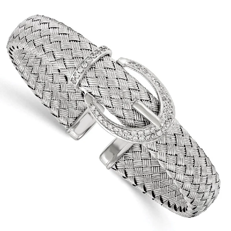 925 Sterling Silver Cubic Zirconia Woven Flexible Cuff Bangle Bracelet