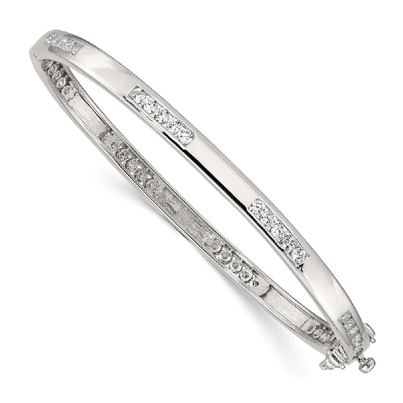 925 Sterling Silver Rhodium-plated Clear Cubic Zirconia Oval Hinged Bangle Bracelet, 8"