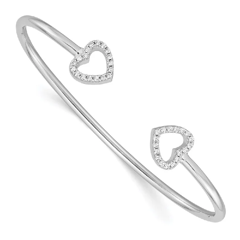 925 Sterling Silver Rhodium-plated Cubic Zirconia Heart Cuff Bangle Bracelet