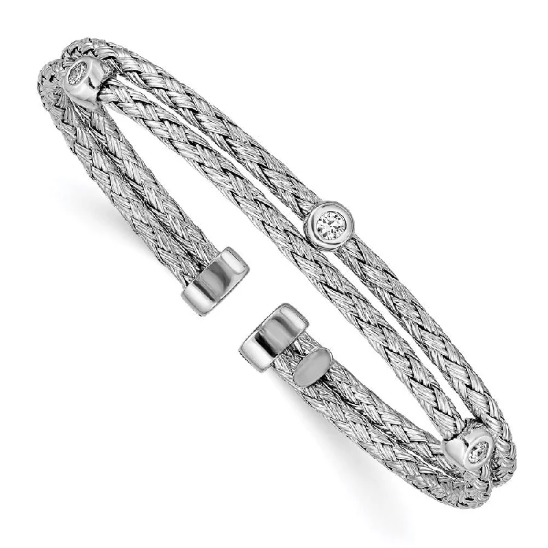 925 Sterling Silver Rhodium-plated Double Strand Cubic Zirconia Cuff Bangle Bracelet