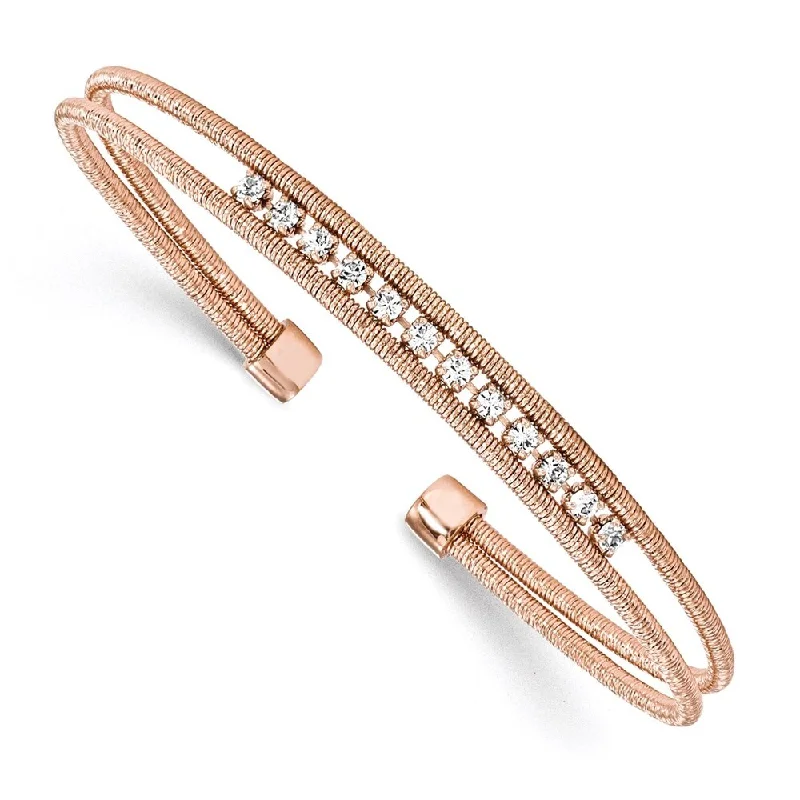 925 Sterling Silver Rhodium-plated Rose Gold-plated 5.75mm Cubic Zirconia Woven Cuff Bracelet, 6.5"