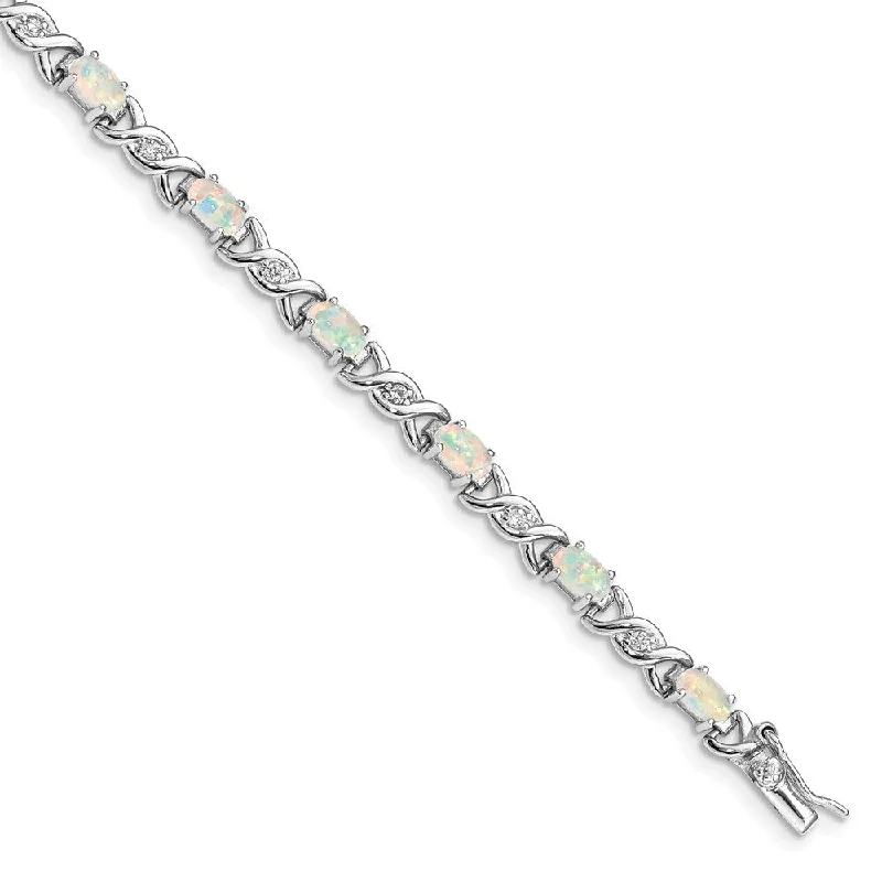 925 Sterling Silver Rhodium-plated White Created Opal and Cubic Zirconia Bracelet, 7"