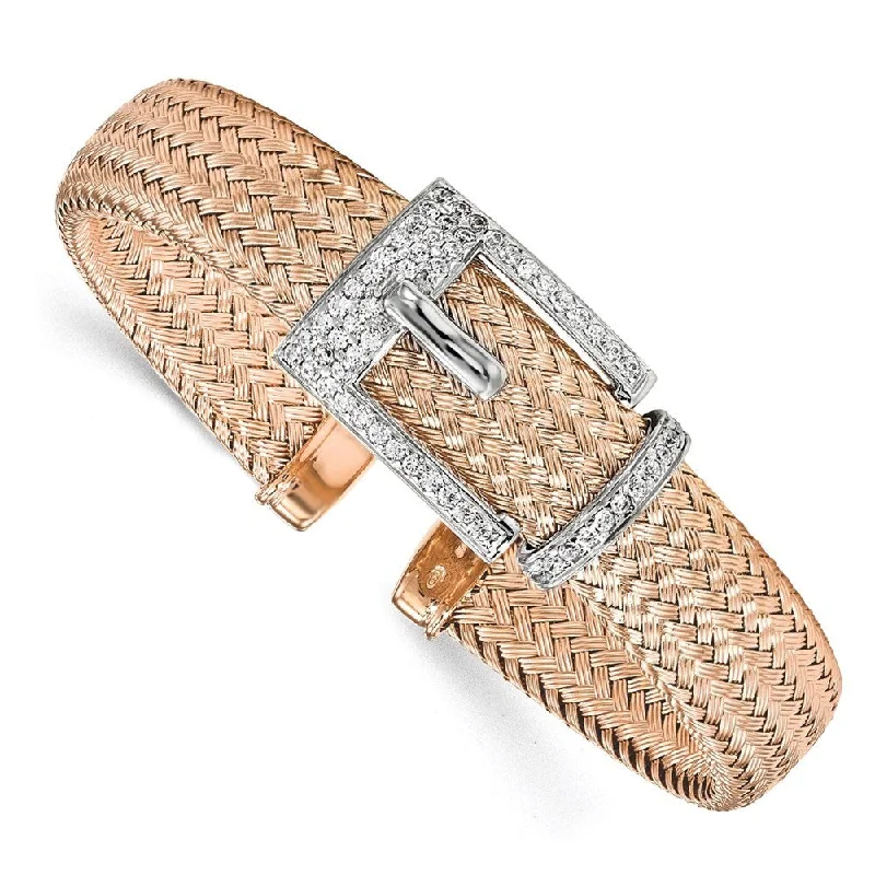 925 Sterling Silver Rose Gold-plated 12.5mm Cubic Zirconia Woven Cuff Bangle Bracelet, 6.75"