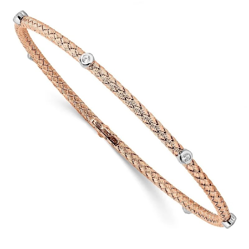 925 Sterling Silver Rose Gold-plated 2.75mm Cubic Zirconia Textured Bangle Bracelet, 8"