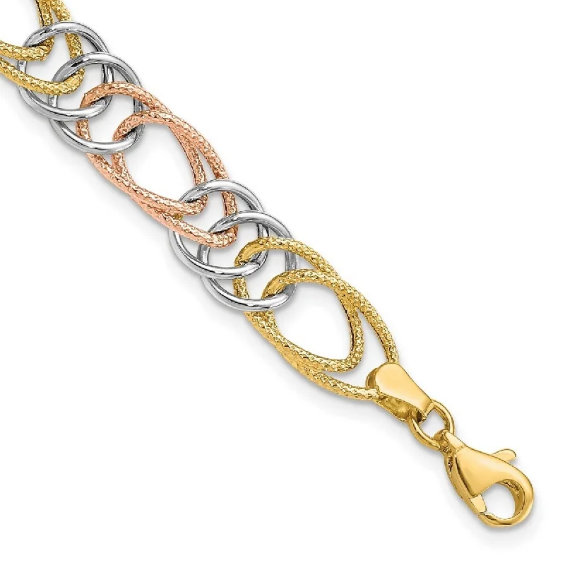 Curata 8.5mm 14k Tri color Gold Polished Textured Fancy Double Link Bracelet 7.25 Inch