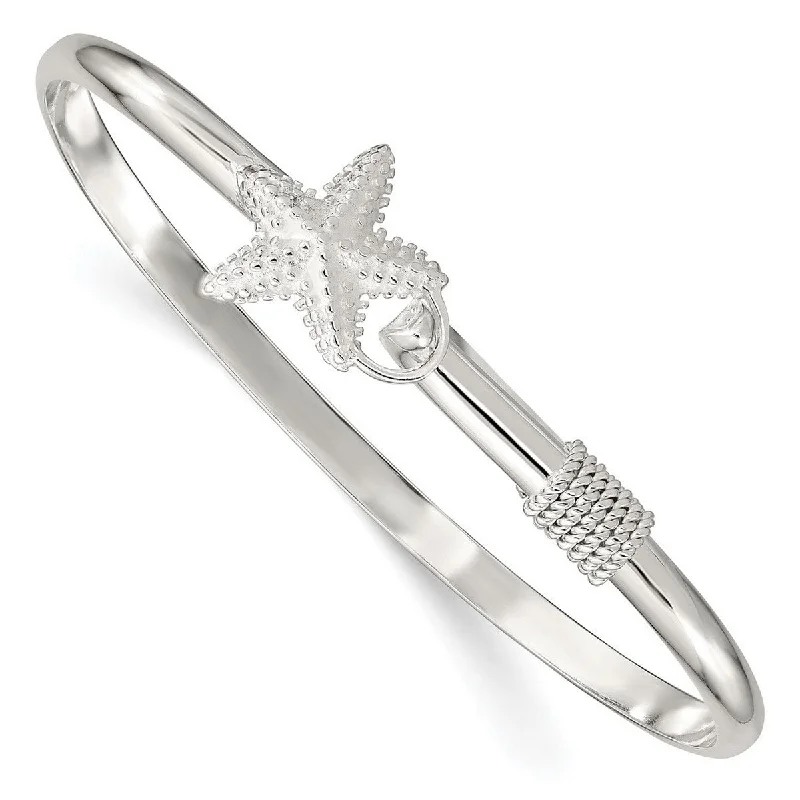 Curata 925 Sterling Silver 7" Textured Nautical Starfish Hook Bangle Bracelet