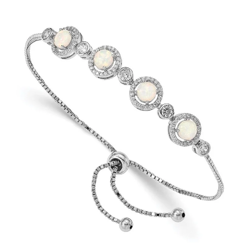 Curata 925 Sterling Silver Rhodium Plated Simulated Opal and Cubic Zirconia Halo Adjustable Bracelet