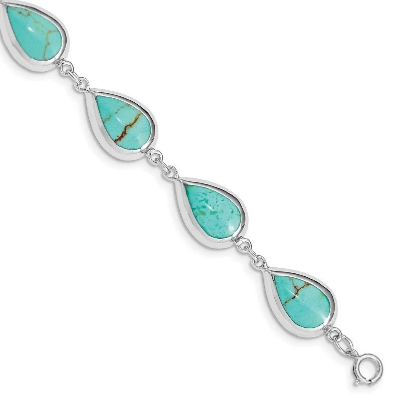 Curata 925 Sterling Silver Spring Ring Polished Teardrop Synthetic Simulated Turquoise Bracelet 7.75 Inch