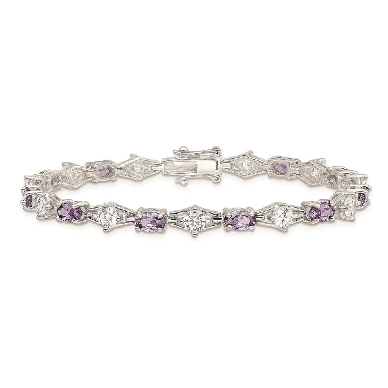 Diamond2Deal 925 Sterling Silver Purple and Clear Cubic Zirconia Bracelet, 7"