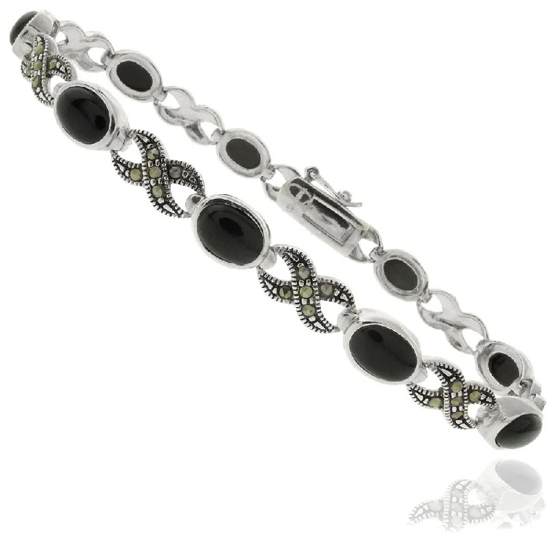 Dolce Giavonna Silver Overlay Oval Black Onyx and Marcasite Infinity Bracelet