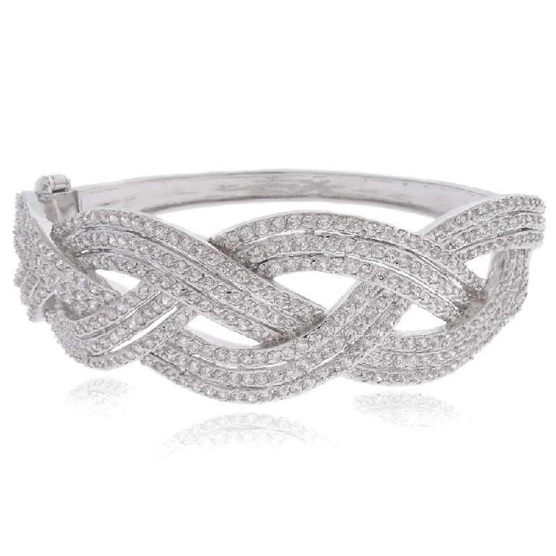 Dolce Giavonna Silver Overlay White Cubic Zirconia Braided Bangle Bracelet