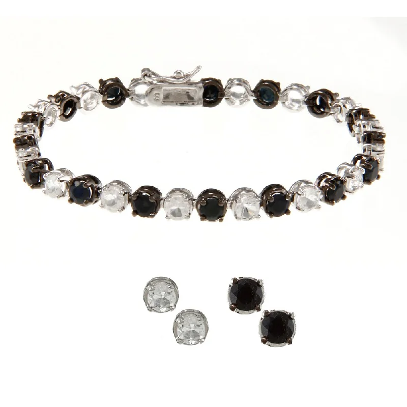 Dolce Giavonna Silverplated Black Sapphire and White Topaz Bracelet and 2 Pairs Earring Set