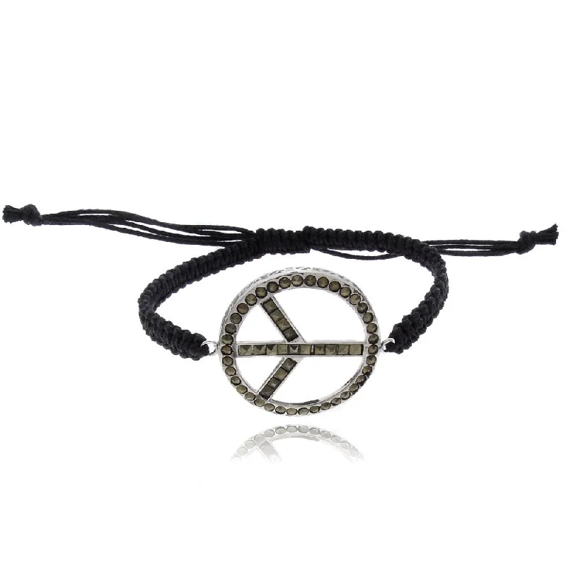 Dolce Giavonna Silverplated Marcasite Peace Symbol Braided String Bracelet