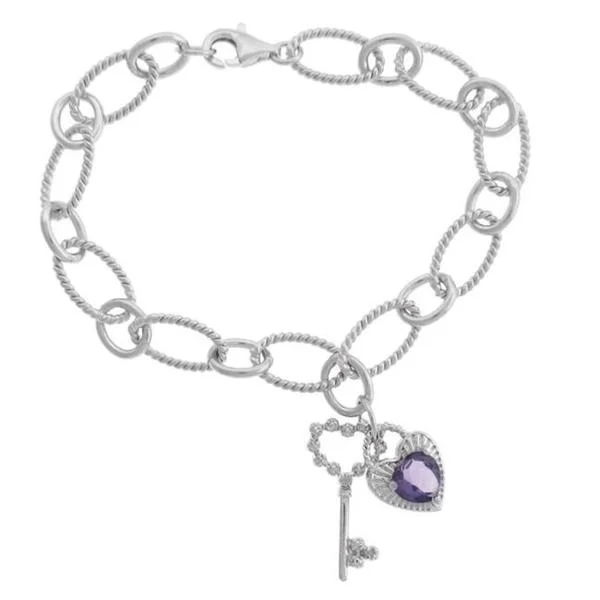 Dolce Giavonna Sterling Silver Amethyst and Diamond Accent Charm Bracelet