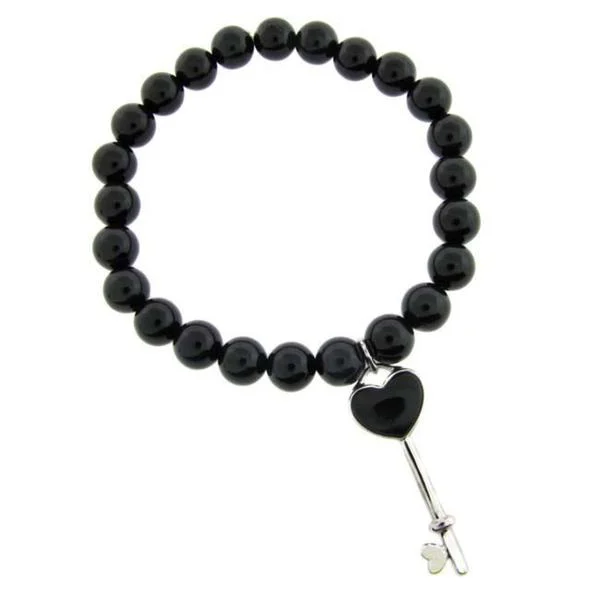 Dolce Giavonna Sterling Silver Black Onyx Heart Key Charm Stretch Bracelet