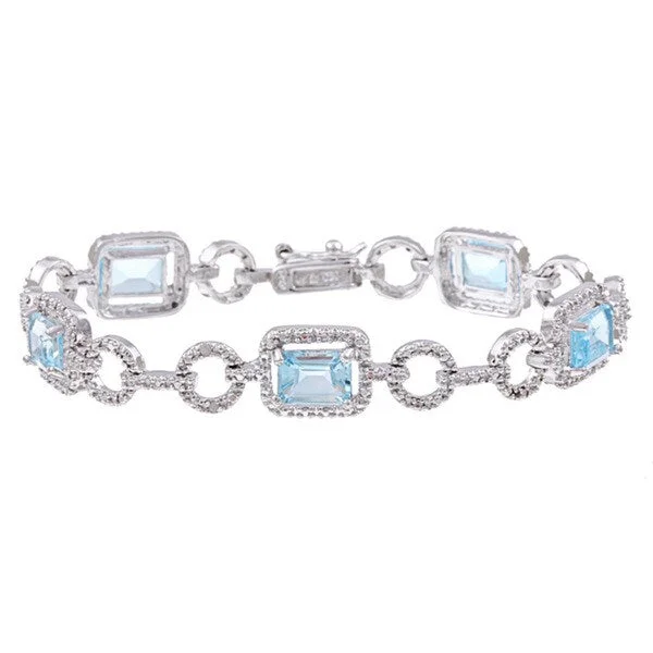 Dolce Giavonna Sterling Silver Blue Topaz and Diamond Accent Link Bracelet