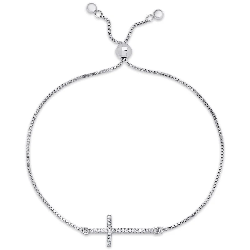 Dolce Giavonna Sterling Silver Cubic Zirconia Cross Adjustable Bracelet