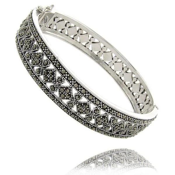 Dolce Giavonna Sterling Silver Marcasite Cut-out Bangle Bracelet