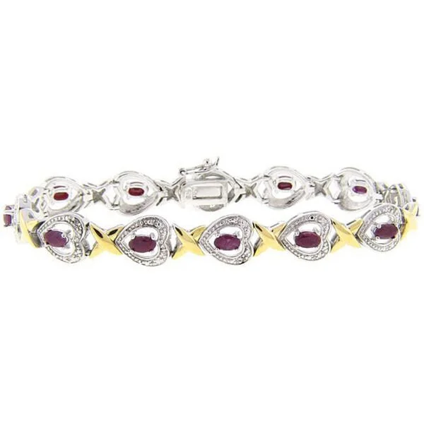 Dolce Giavonna Two-tone Sterling Silver Ruby and Diamond 'X' and Heart Bracelet